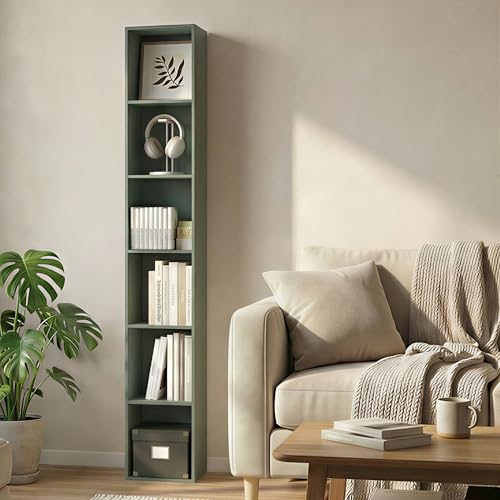 Image of Furinno LUDER Book Shelf, 6-Tier Tall Modern Bookshelf, Bookcase with Open Shelves, 9.3 x 12 x 71, for Living Room, Bedroom, Home Office, Sage Green