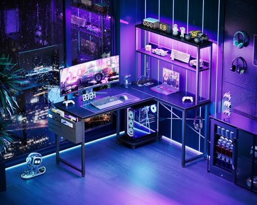 Coleshome L Shaped Gaming Desk with LED Lights & Power Outlet, 110 × 80 cm Reversible Computer Desk with Shelves, Corner Desks with Storage Bag & Hook for Home Office, Black - Image 3
