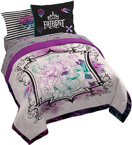 Image of Disney Descendants Queen Comforter Set 7 Piece Kids Soft Bedding, Multi | Bed in a Bag, Comforter Sheets Shams Pillowcases, Official Product, Soft Microfiber, Machine Washable, Girls Gift