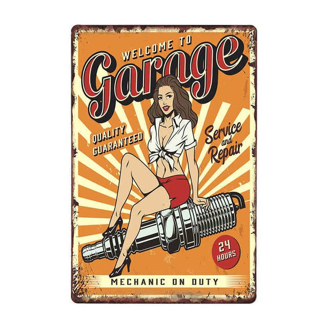 ABCDEFG – Targhe in metallo – 4 pezzi – Garage Full Service Car – Sign in | Segnali per bar casa – Cartello uomo grotta | Insegne in metallo vintage UK | Insegne metalliche retrò e divertenti