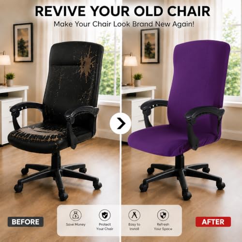 Image of Stretch Computer Office Chair Cover with Durable Zipper - Universal Washable Removable Spandex Rotating Boss Chair Slipcovers - Anti-dust Soft Desk Chair Seat Protector for Dogs, Cats, Pets (Purple)