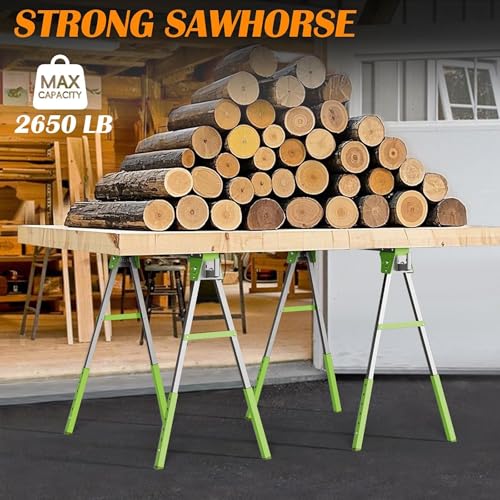 Image of Adjustable Height Sawhorse 2 Pack, Folding Portable Saw Horses with 30-34 inch Adjustable Legs, Heavy Duty Steel Pro Bench Saw Horse for Woodworking, Carpenters, Contractors, Fully Assembled (green)