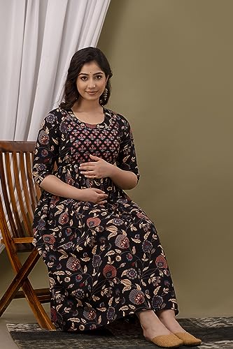Image of The Moon Star Women's Cotton Floral Printed Anarkali Maternity Feeding Kurti | Breastfeeding Dress for Mothers | Zipper Feeding Kurti, Nursing Kurti, Comfortable and Trendy Maternity Wear