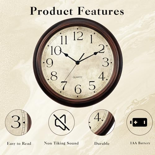 Image of KECYET Wall Clock Battery Operated Vintage Silent Non-Ticking Analog Wall Clocks 16 Inch Small Retro Clock Decorative for Kitchen Bathroom Bedroom Home Office (Bronze)