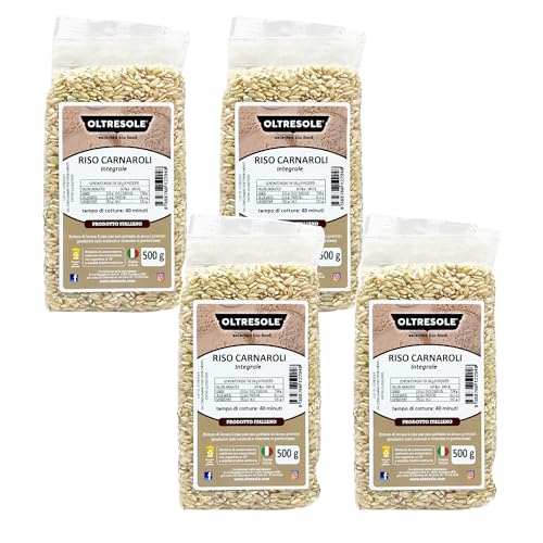 Oltresole, Arroz Carnaroli Artesano Italiano Integral, Arroz sin refinar con alto contenido en fibra, ideal para risottos y ensaladas de arroz, Envase al vacío de 4 x 500 g