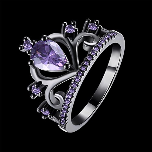 WANGYUSHENG Womens Black Gold Plated Purple Amethyst Cubic Zirconia CZ Princess Crown Tiara Ring Wedding Band2