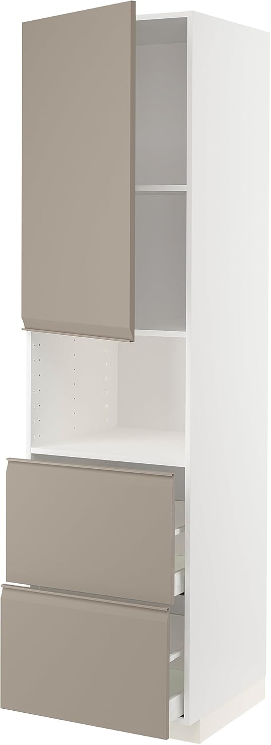 METOD/MAXIMERA High Cab f Micro W 2 Doors/Drawers, White/Upplöv Matte Dark Beige, 60x60x220cm