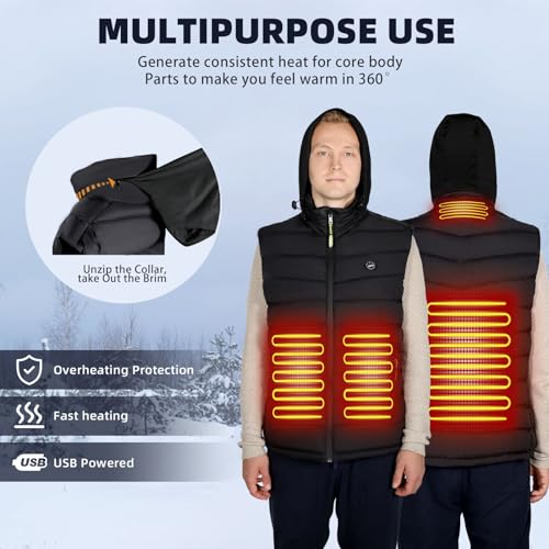 Image of JRH Men's Heated Vest with Retractable Hood, Lightweight Heated Vest for Men and Women with 10000mAh Battery Pack Included