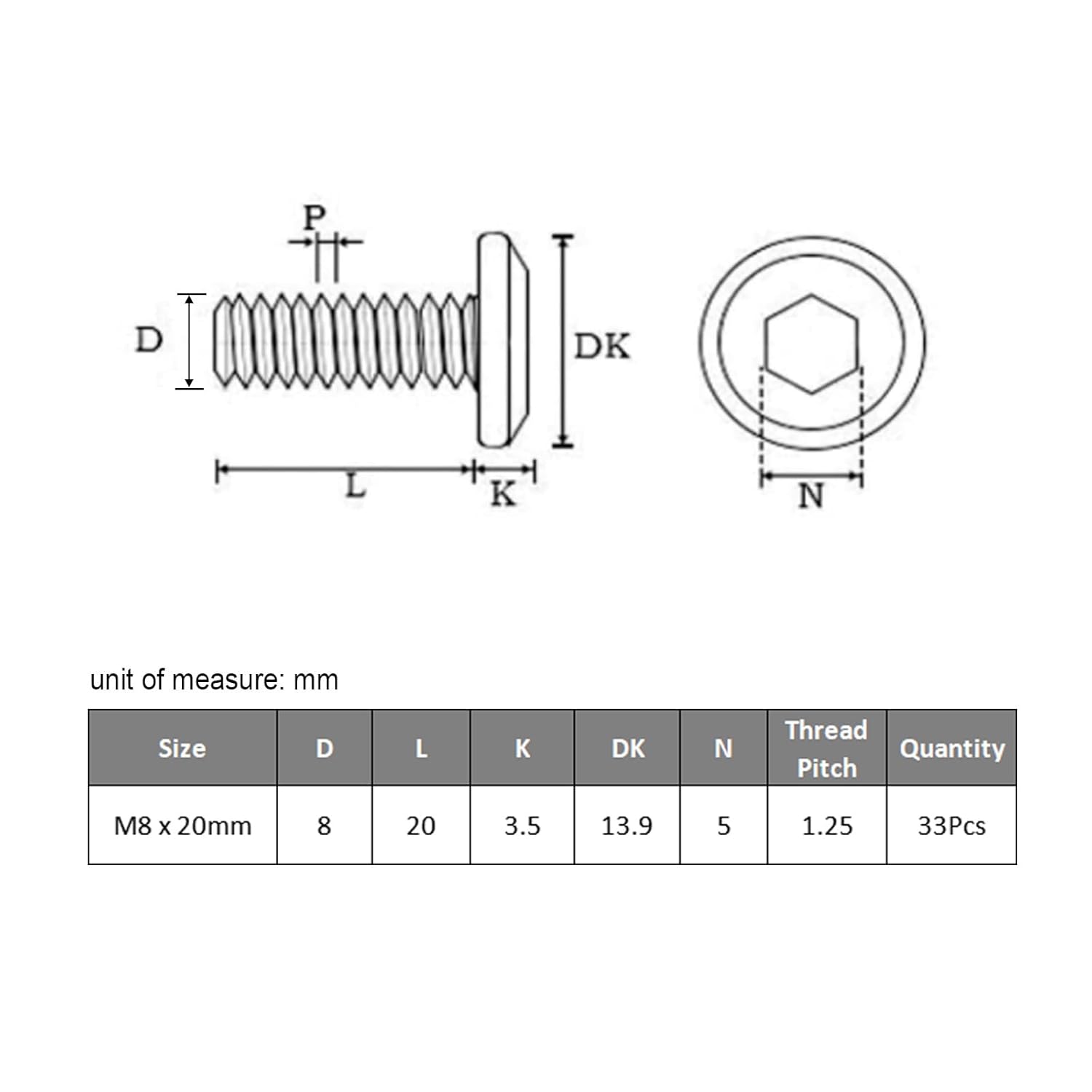 VGBUY M8-1.25 x 20 mm 33pcs Flat Head Hex Socket Cap Screws Metric M8 Bolts, 304 Stainless Steel 18-8, Black Zinc Plated, Full Thread, with Hex Spanner