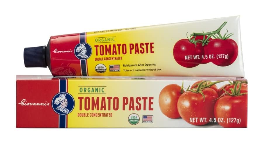 Giovanni’s Organic Double Concentrated Tomato Paste – 2 Pack (4.5 oz Tubes) | Made in the USA with Vine-Ripened California Tomatoes, Non-GMO, No Additives, Rich Flavor