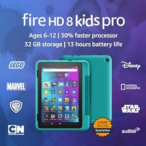 Amazon Fire HD 8 Kids Pro tablet (newest gen) ages 6-12 | 8″ HD screen, slim case for older kids, ad-free content, parental controls, 13-hr battery, 32 GB, Hello Teal