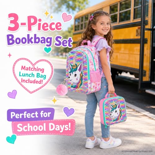 Image of 16 inch Fox Backpack for Girls, 3Pcs Sequin Bookbag Set for Kids, Elementary Preschool Preschool School Backpacks with Lunch Box (Pink)