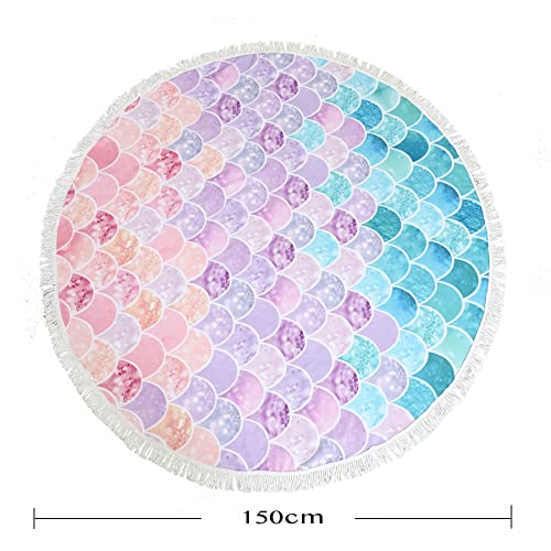 Oversized Round Little Mermaid Beach Towel For Girls Women, Lightweight Microfiber Picnic Pool Swimming Bath Towel With Fringe, Soft Thin Meditation Mat Round Tapestry Mermaid Gifts For Women, 59” #TOP6