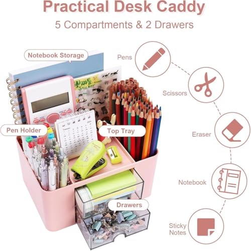 Image of Versatile Desk Organiser with 5 Compartments, 2 Drawers and Multifunctional Storage Options - Ideal for Office Supplies, Stationery and Desk Accessories, Office Organiser (Pink)