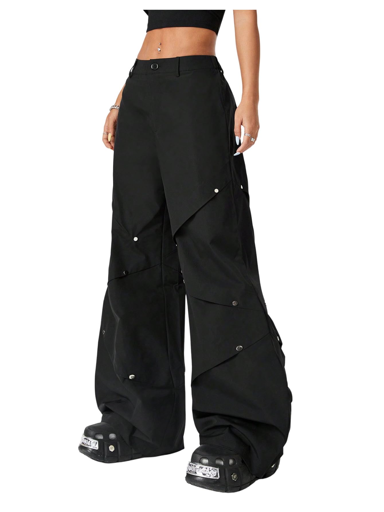 MakeMeChic Womens Goth Cargo Pants Hip Hop Low Waisted Zip Fly Y2k Baggy Wide Leg Pants