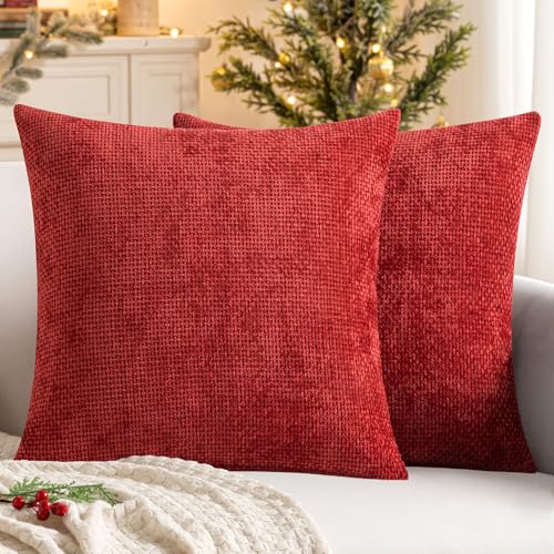 Image of MIULEE Decorative Couch Throw Pillow Covers 18x18 Inch Christmas Red 2 Pack | Modern Boho Accent, Soft Chenille Pillow Covers, Farmhouse Cushion Cases for Home Decor Bed Sofa Living Room