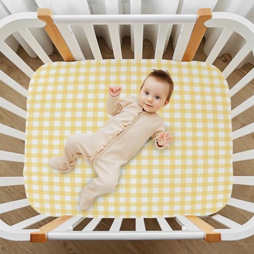 Image of Yellow Gingham Crib Sheets for Boys and Girls, Fitted Baby Crib Sheets Soft and Breathable Mini Crib Sheets 39 X 27 Inches