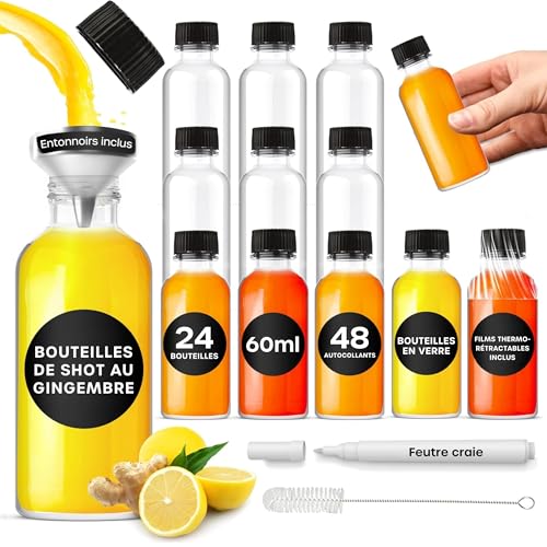 volila Fiole en Verre & Bouchon - 24 x 60 ml Mini Bouteille Verre - Pot Epices Parfait pour Mariage & Décor - 60 ml - Entonnoir Métal, Étiquettes, Feutre...