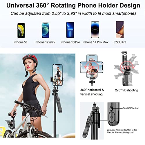 60" Selfie Stick Phone Tripod - Extendable Selfie Stick Tripod Stand with Remote 360° Rotating Portable Travel Tripod Phone Stabilizer for iPhone Android Camera Video Recording Vlogs - Image 6
