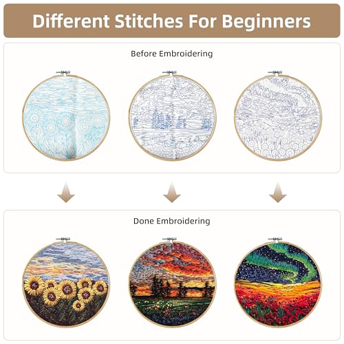 Image of KEKEMEOW 3 Sets Embroidery Kit for Beginners, Stitches with Rural Scenery, Embroidery Stitch Practice kit for Adults Craft Lover, Needlepoint Hand Embroidery Kit with Pattern、Instruction、Hoop