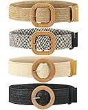 4 Pack Straw Woven Belt Elastic Stretch Rattan Waist Belt Women Skinny Raffia Dress Belt Wooden Buckle Waist Dress Band (Retro Color, X-Large)