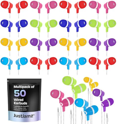 JustJamz Bulk Earbuds Bubbles 50 Pack of Colorful in-Ear Earbuds Mixed Colors Pack of Wired in-Ear Earphones Compatible with Smartphones for Schools, Kids, Classrooms & Libraries