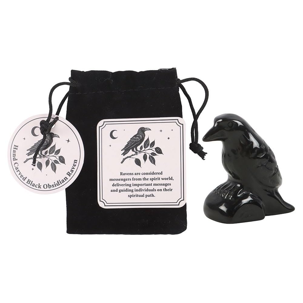 Black Obsidian Raven Ornament in a Bag – Mystical Raven Symbolizing Mystery and Transformation – Gothic, Spiritual Décor – Packaged in Velvet Pouch – Mystical Enthusiasts