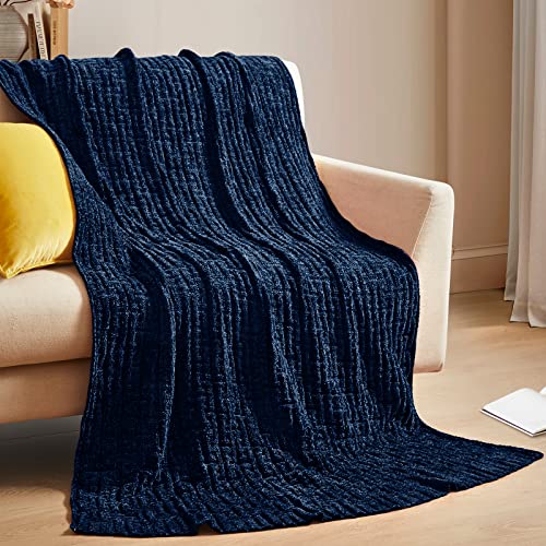 Rudong M Navy Blue Chenille Knit Throw Blanket, Cozy Soft Cable Knitted Blankets, Warm Chenille Knitted Blanket For All Seasons, Textured Fluffy Throw Blanket For Couch, Bed, Sofa, 50"X 60" #TOP1