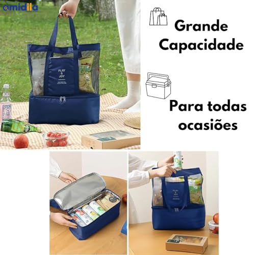 Bolsa de Praia Telada Amidila Com Compartimento Térmico e Dobrável (Azul Escuro)