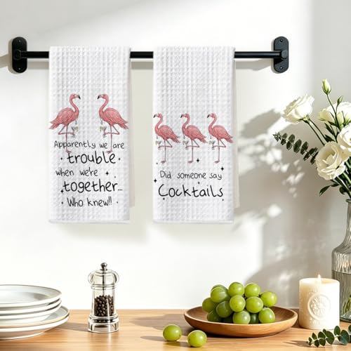 Image of Hanamiya Na 2 Pcs Funny Flamingo Kitchen Towels 14x24 Inch, Hot Pink Bird Dish Towels Waffle Weave Hand Cloth Tea Towel for Home Kitchen Bar Decor, Flamingo Gifts for Women Mom