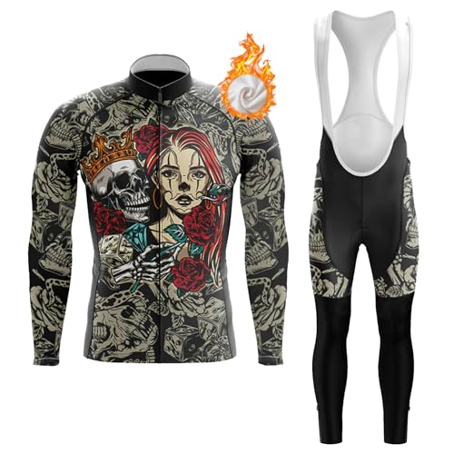 Ropa Ciclismo Hombre Conjunto Ciclista Invierno Maillot Bici MTB Polar Térmico,Traje Bicicleta Chaquetas Manga Larga y Culotte Tirantes con 19D Gel Acolchado,Completa de Jerseys Ciclo BTT(A9,L)