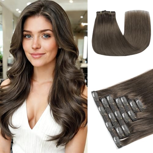 FINATA Clip in Hair Extensions Real Human Hair, Hair Extensions Clip in Human Hair 20 Inch 120g 7pcs Cold Light Brown,Real Human Hair Extensions Clip ins Triple Weft, Soft & Long-lasting