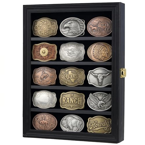 DisplayGifts Belt Buckle Display Case 16 x12 Inch Wall Mount Shadow Box with 98% UV Protection Belt Buckle Collectors Display Frame for 2.25 to 3.25 Buckles 5-Tier 2 Removable Shelf Black Finish