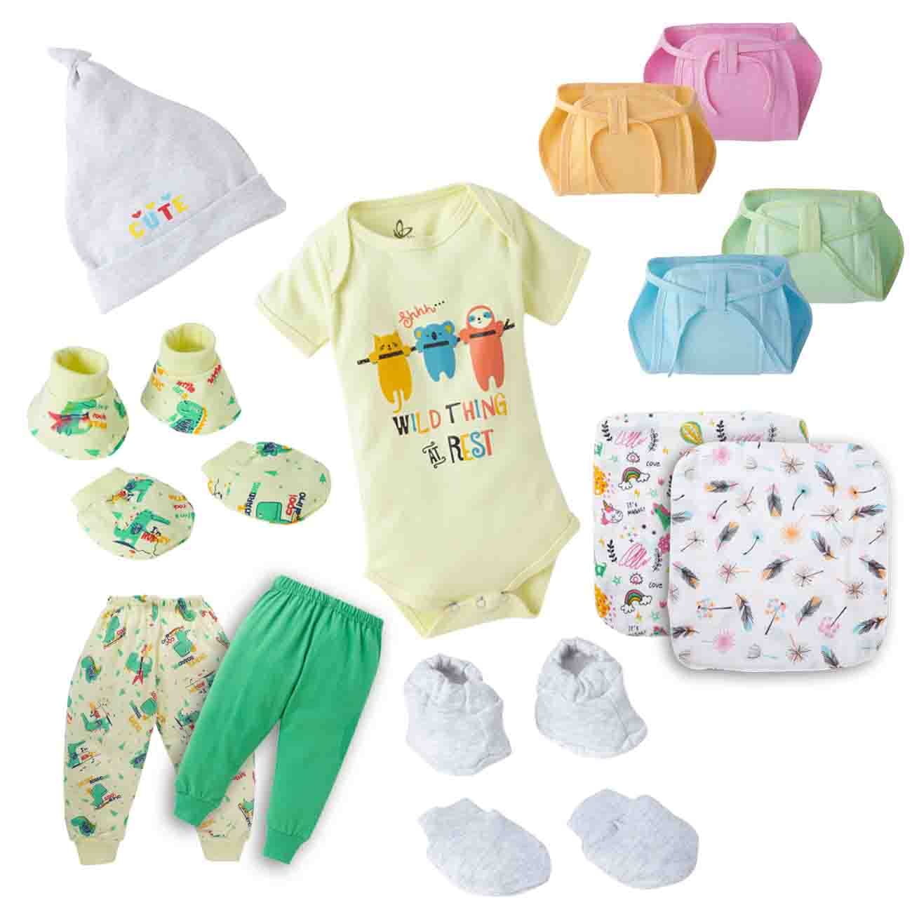 baby wish Baby Boy's&Baby Girl’s Jhabla Mittens Booties Nappy bib Burp Towel and caps Combo Cotton Hamper Gift Set for Infant Pack Newborn Baby Gift Set(Assorted Patters/Colors-Design Theme)-image-3