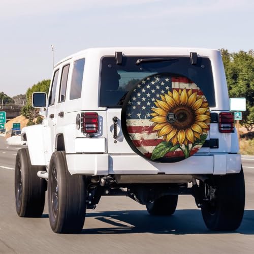 Image of Delerain Spare Tire Cover with Backup Camera Hole Sunflower with USA Flag Wheel Covers Waterproof Dust-Proof UV Sun Universal Fit for Trailer RV SUV Truck (17 Inch for Diameter 31 inch-33 inch)
