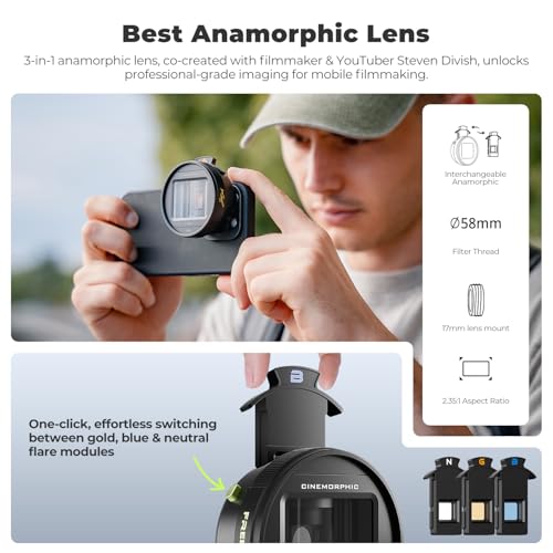 Image of FREEWELL 1.33x Anamorphic Lens for iPhone & Samsung - 3-in-1 Streak Color (Neutral, Gold, Blue), Oval Bokeh, Compatible with 17mm Mount Systems