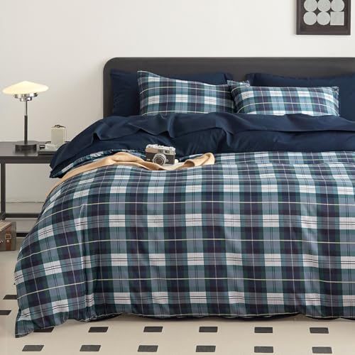 Image of Wake In Cloud - Plaid Comforter Set, Scottish Tartan Check Geometric Modern Pattern Printed, Soft Lightweight Bedding, 3 Pieces, Navy Green, Queen Size