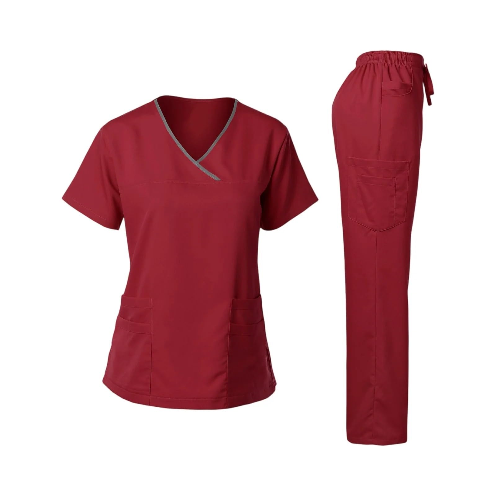 AHUFGN Nurse Scrubs Women Women's Nurse Scrub Set V-Neck Short Sleeve Long Pants Medical Cozy Professional Workwear(Wine,XL)