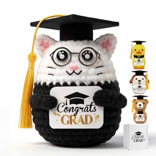NIUBEHOHO Crochet Graduation Gifts Graduation Cat - Handmade Mini Kitties Crochet Animal with Congrats Grad Card Box Mesh Bag for 2026 Graduate Perfect Grad Gifts for Graduate Women Men