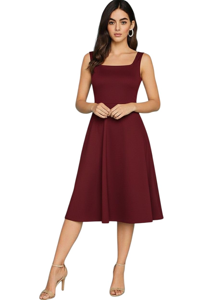 stycent Women’s Solid Black Sleeveless Midi Dress | Square Neck Fit & Flare Dress | Elegant Party & Casual Wear-picture-10