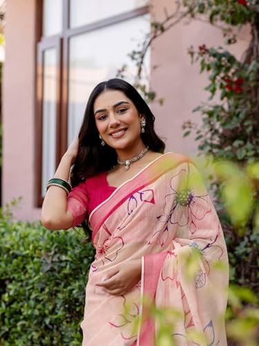 Image of SIRIL Women's Printed Cotton Linen One Minute Ready to Wear Saree With Unstitched Blouse Piece