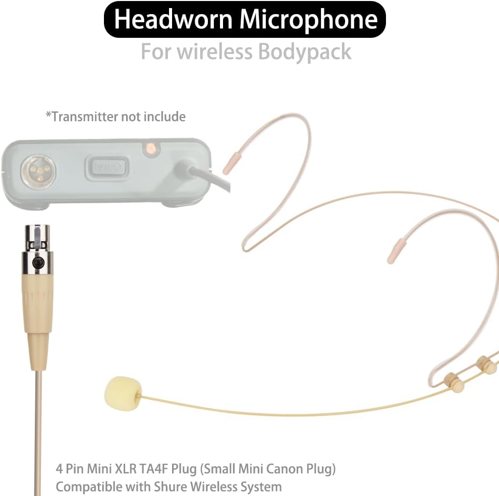 YXG Headworn Earset Over Ear Hanging Mic Low Profile Light-Weight Microphone Compatible with Shure Wireless System Bodypack Transmitter with 1.45m Cable Mini XLR 4 Pin TA4F Plug(Skin Tone), Beige MIC - Image 3