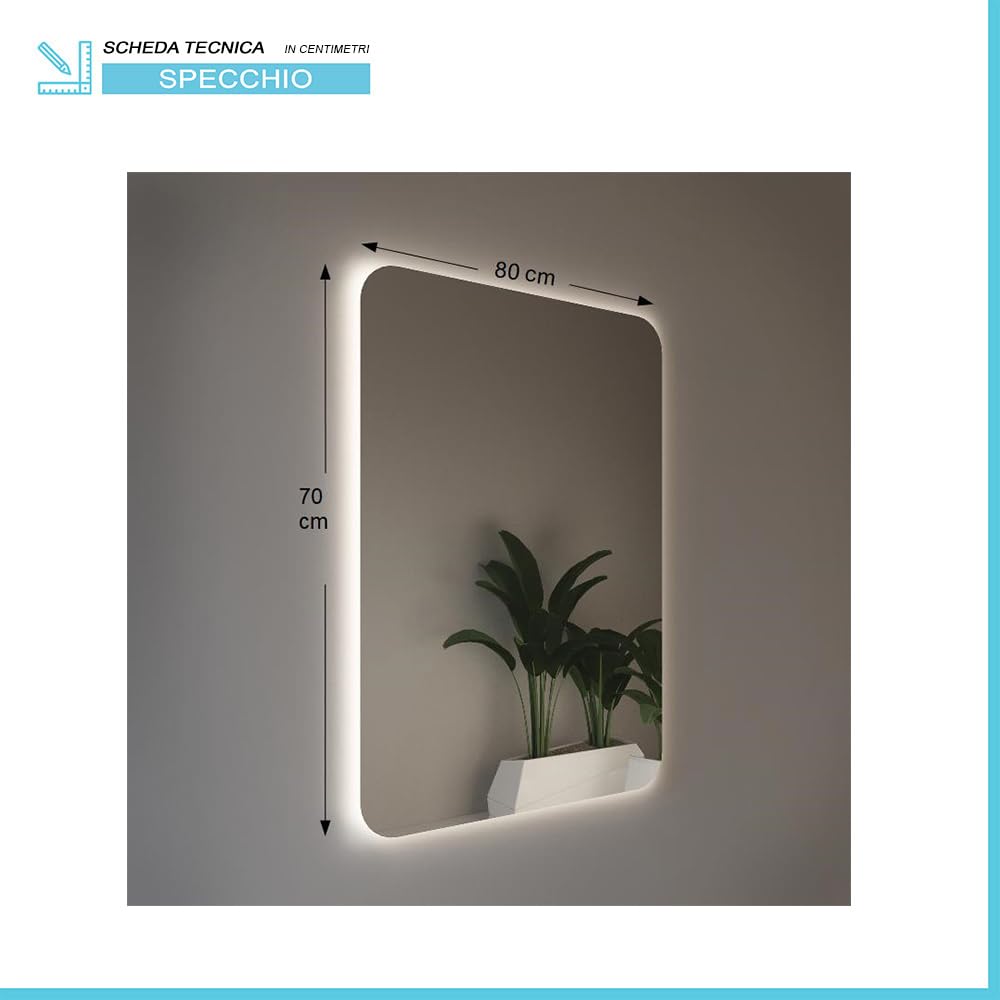 Inbagno Specchio LED 70x80 illuminazione perimetrale e angoli raggiati, a filo lucido con installazione reversibile