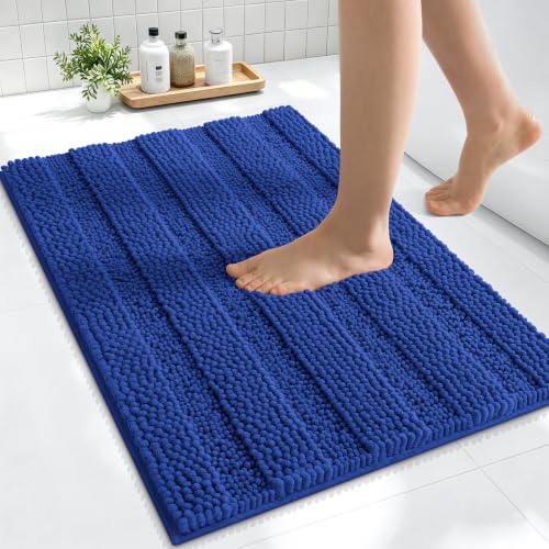Image of Smiry Thick Small Chenille Bathroom Rugs 24x16, Extra Soft Absorbent Striped Bath Mat, Machine Washable, Rubber Backing, Bath Rugs for Bathroom, Tub & Shower, Home Decor Accessories, Royal Blue