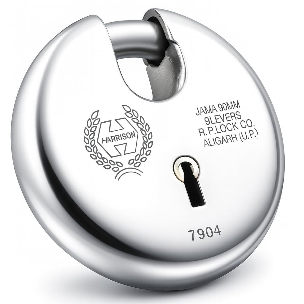 Harrison Padlocks/Round Padlock 90mm 8 Lever with 3 Keys JAMA-0022 Pack of 1/ Mild Steel Material/Bright Chrome Plated Finish/Door Lock, Shutter Lock, Godown Lock, gate Lock-image-43