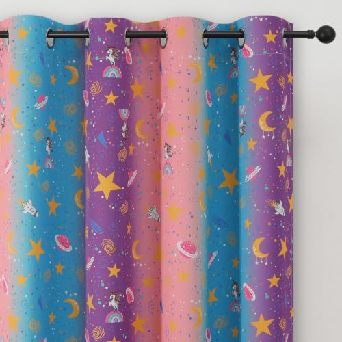 Image of Pink Purple Blue Star Moon Unicorn Curtains for Girls Bedroom 63 Inch Long | Estelar Textiler Room Darkening Colorful Rainbow Design Grommet Privacy Window Drapes for Kids Playroom,38Wx63L,2 Panels
