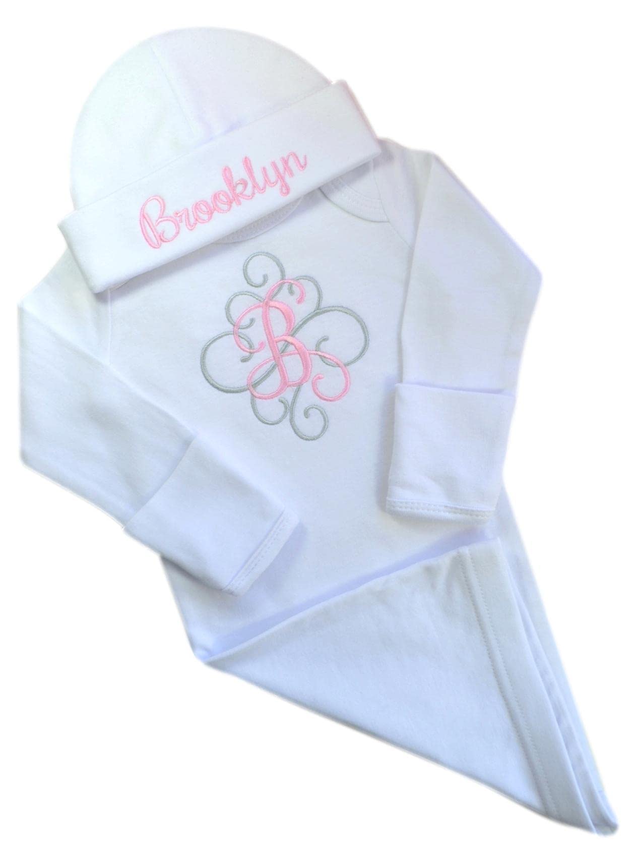 Personalized Embroidered Infant Baby Girl Layette Gown with Matching Cotton Beanie Set (Light Pink/Silver)