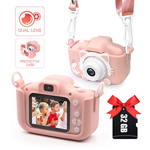Kids Camera for Girls and Boys, Digital Dual Camera 2.0 Inches Screen 20.0MP Video Camcorder Anti-Drop Children Selfie Cartoon Camera for Gift - 32GB Memory Card Included