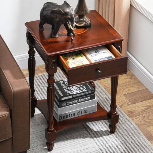 LEEMTORIG Solid Wood Side Table with Drawer, Victorian Style Vintage Nightstand...