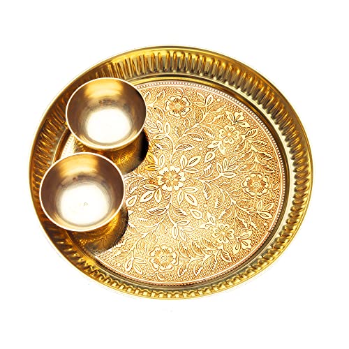 Decorative Brass Thali Plate Indian Brass Thali Prasad Plate with 2 Katori Bowl Patra for Pooja Utensils Indian Traditional Decorations (Thali Size:-8